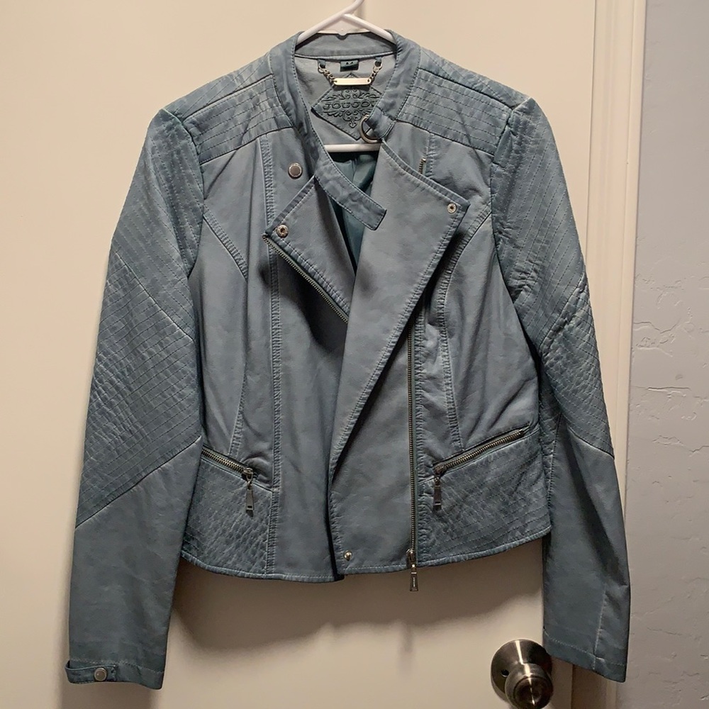 Light blue/teal faux leather jacket. Size Medium